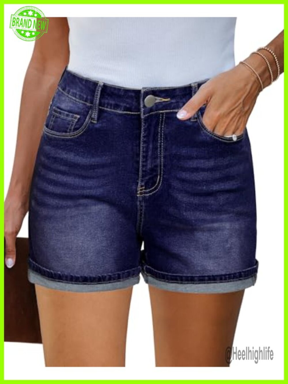 Mid Rise Stretch Denim Jean Shorts Women Casual Summer Fold Hem